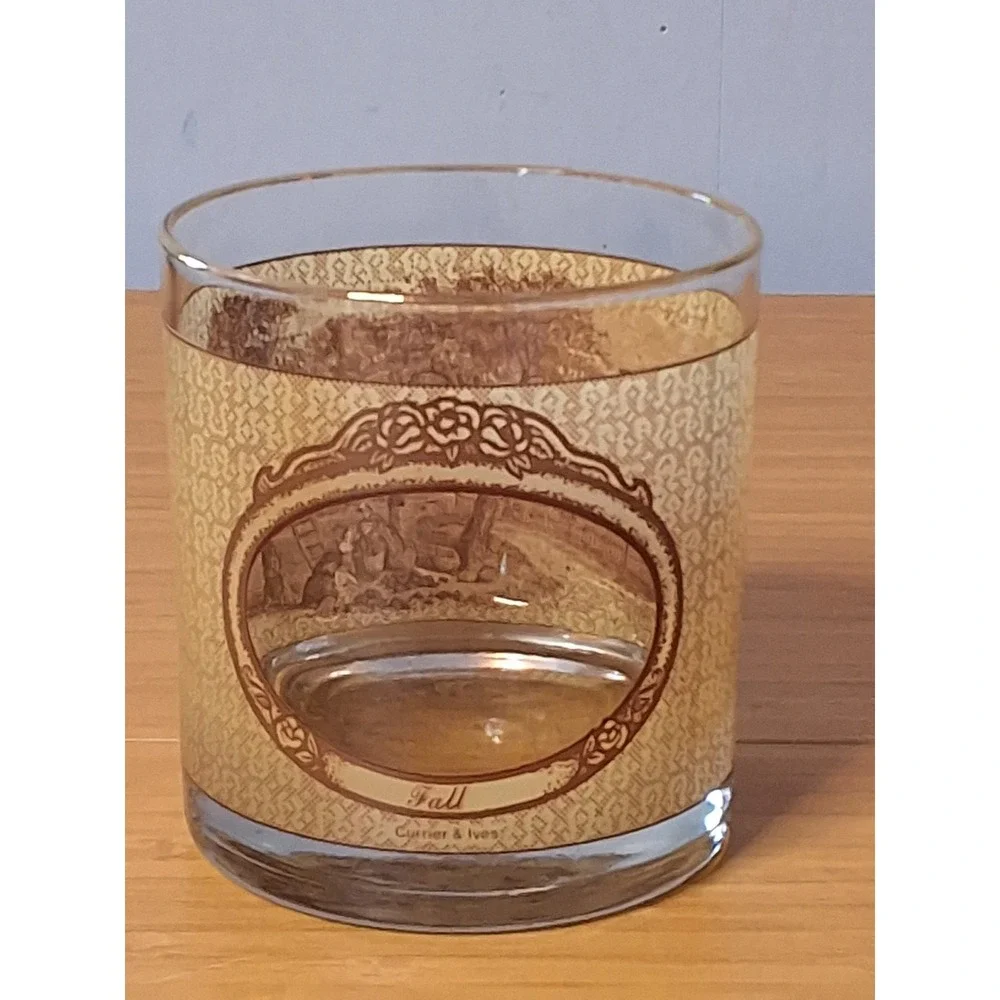 Vintage Currier & Ives Four Seasons Whiskey Rocks Glasses Set of 4 Brown Cream